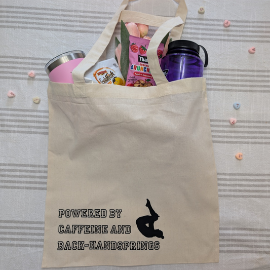 Gymnastics Mom Market Bag – Powered by Caffeine & Back-Handsprints